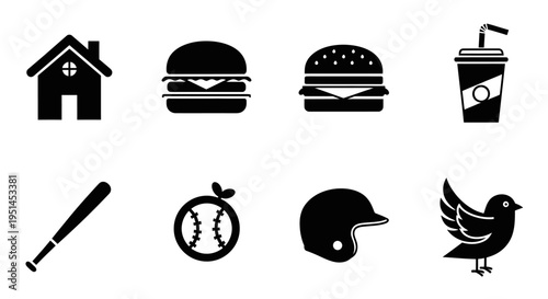 A collection of eight black and white silhouette icons featuring a house, two burgers, a soda drink, a baseball bat, a baseball, a baseball helmet, and a bird.