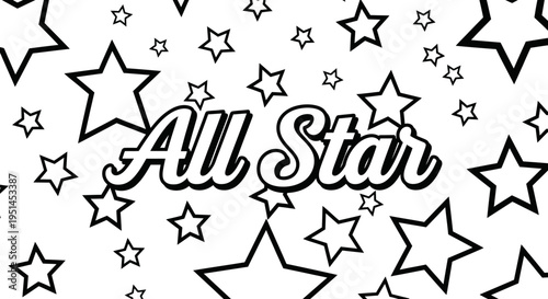 A black and white coloring page design featuring the words 'All Star' in a decorative font, surrounded by numerous scattered stars of different sizes, perfect for creative activities.