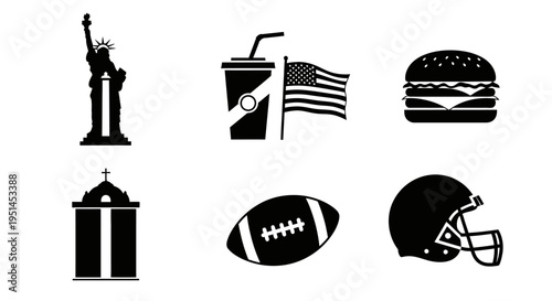 A collection of black silhouette icons representing American culture, including the Statue of Liberty, an American flag with a soda, a hamburger, a building, a football, and a football helmet.