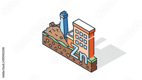Isometric illustration of a factory built on soil with the chemical symbol "Zn" for zinc, representing zinc mining, industrial production, or environmental impact.