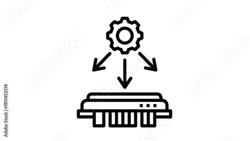 Gear symbol with arrows pointing down to a microchip or processing unit, representing data processing, system configuration, or technological workflow.