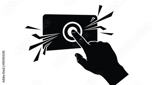 Hand pressing a button with radiating lines, symbolizing activation, interaction, or digital interface control.