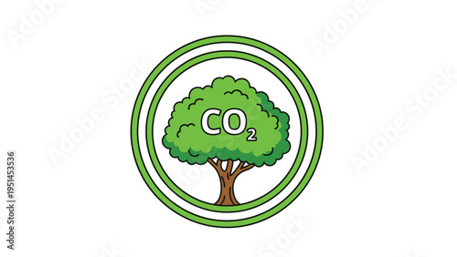 Green tree encircled with "CO2" text, symbolizing carbon capture, reforestation efforts, or sustainable environmental solutions.