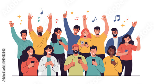 Group of diverse happy friends cheers together while holding their smartphones with musical notes in the background.