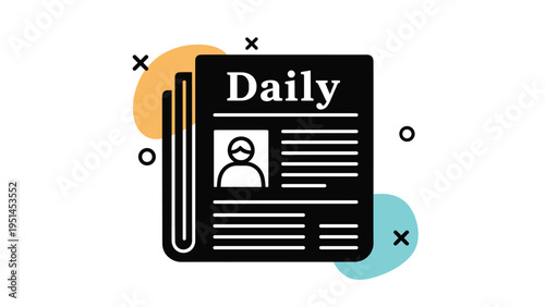 Black and white icon of a newspaper with "Daily" headline and a person's profile, representing news, daily updates, or journalism.