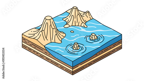 Isometric illustration of a volcanic landscape with mountains and water showing ripple effects, depicting geology, natural phenomena, or environmental science.