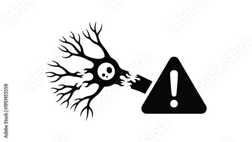 Damaged neuron with an exclamation mark warning sign, representing neurological disorders, brain injury, or nerve damage.