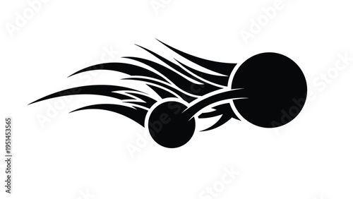 Abstract black and white tattoo-style design of two celestial bodies with flowing trails, symbolizing motion, energy, or cosmic elements.