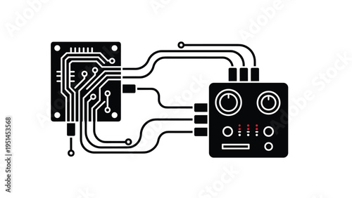 Circuit board connected by wires to a control panel with knobs and lights, representing electronics, industrial control, or technological integration.