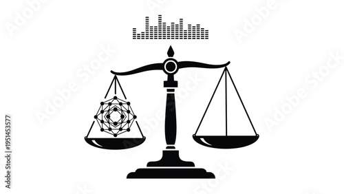 Scales of justice balancing a complex geometric shape against an empty pan, with an equalizer above, representing balance, fairness, or data analysis.