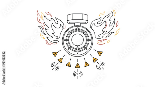 Fire alarm system with flames, a siren, and warning signals, illustrating fire safety, emergency detection, or risk management.