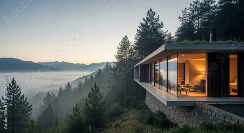 A contemporary minimalist residence with glass walls sits on a stone foundation overlooking a forest and mist-filled valley during twilight.