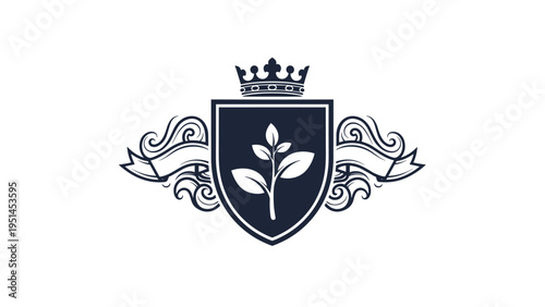 Elegant shield emblem with a crown, a plant sprout, and ornate flourishes, symbolizing organic quality, natural products, or environmental heritage.