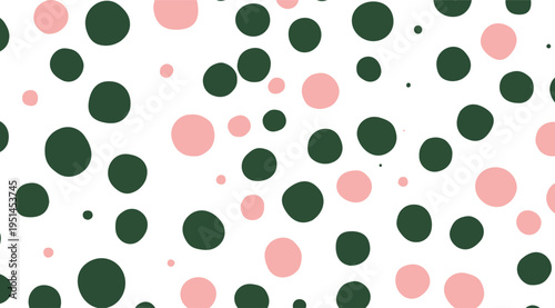 Abstract scattered polka dots pattern with pink and green circles on a white background for design