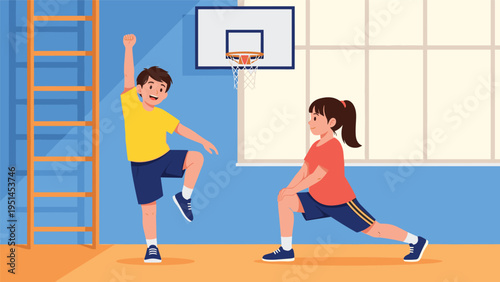 Two happy diverse children actively exercising in a bright gym, engaged in physical education, sports, and healthy lifestyle activities.