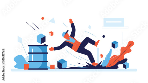 Worker falling in a chaotic industrial setting with barrels and geometric shapes, illustrating a workplace accident, safety hazard, and occupational risk.