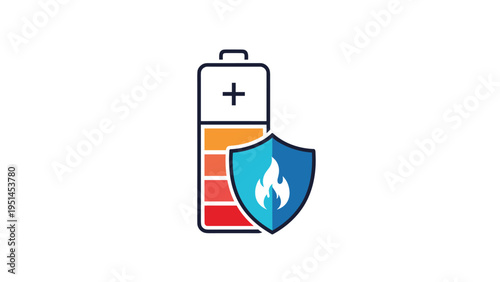 Battery fire protection icon featuring a shield with a flame, representing battery safety, fire resistance, and explosion prevention.