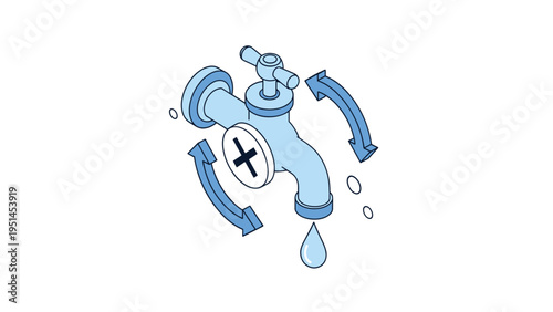 Faucet with dripping water, circular arrows, and a cross symbol, representing water conservation, leak repair, and efficient resource management.
