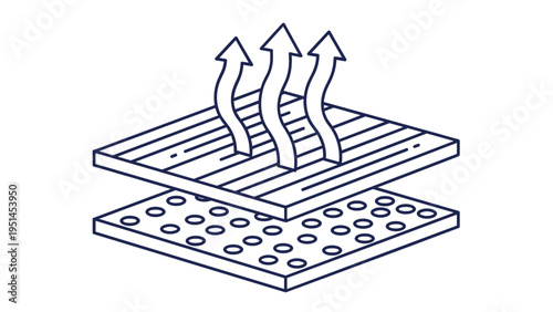 Layered surfaces with airflow arrows and circular holes, depicting ventilation, breathable material, air circulation, and moisture wicking.