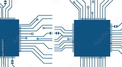 Blue and white circuit board with rectangular microchips and intricate lines for computing technology