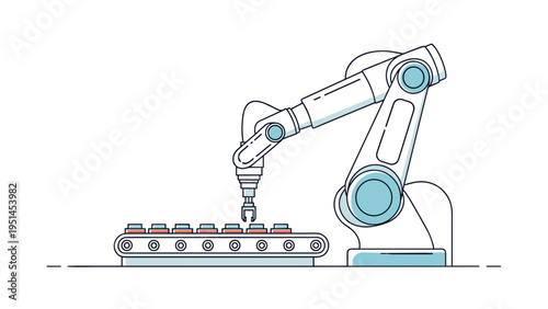 Robotic arm on an assembly line placing components, depicting automation, industrial manufacturing, factory production, and advanced robotics.