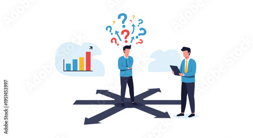 Man stands at a crossroads of multiple arrows with question marks over his head while a consultant provides advice.