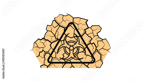 Biohazard symbol on cracked, arid ground, representing biological contamination, environmental hazard, and ecological disaster in damaged areas.