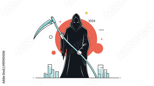 Grim reaper figure holding a scythe, standing against a background with abstract shapes, depicting death, danger, or mortality concepts.