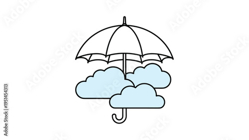 Outline illustration of an umbrella floating above multiple clouds, symbolizing weather protection, meteorology, or climate concepts.