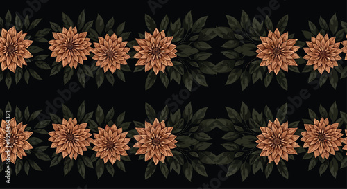 Orange Chrysanthemum Flowers on Black Background with Green Leaves
