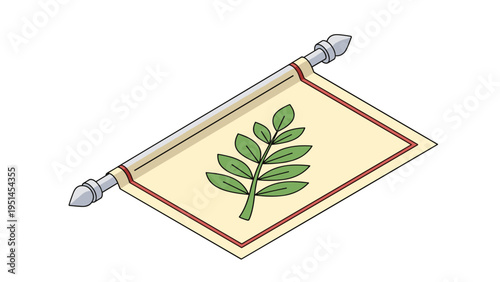 Decorative scroll with a green plant branch, symbolizing peace, nature, ancient wisdom, or a natural decree.