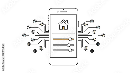 Smartphone with smart home interface and circuit board connections, depicting smart home automation, internet of things, or advanced control systems.