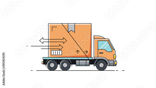 Delivery truck with a large package and arrows indicating rapid movement, symbolizing fast shipping, logistics, or efficient delivery services.