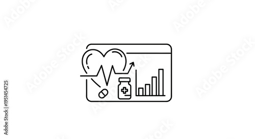 Healthcare analytics icon with heart rate, medical chart, pills, and vaccine vial