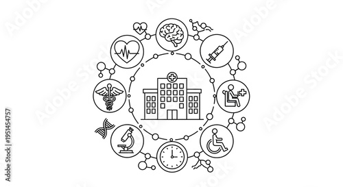Healthcare concept with hospital building and medical icons in circle