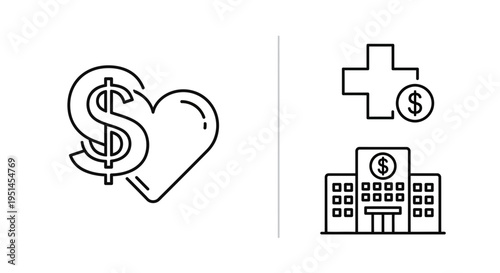 Healthcare Finance Icons: Heart with Dollar, Medical Cross, and Hospital Building
