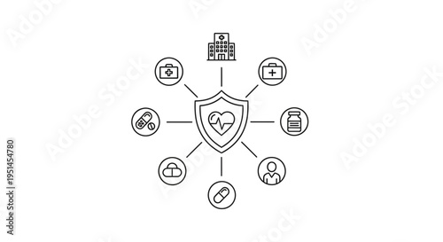 Healthcare Insurance Shield with Medical Icons and Hospital