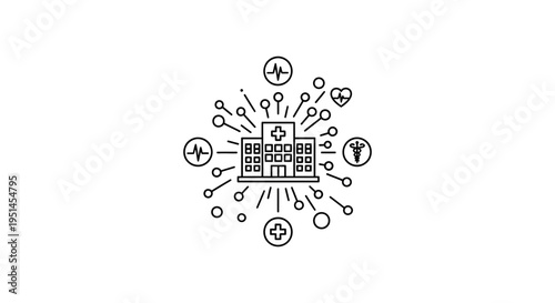 Healthcare Network Concept: Hospital Building with Medical Icons and Connections