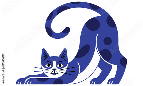 Illustration of a blue spotted cat stretching in a playful yoga pose with a curled tail and white accents on a white background creating a visually appealing contrast.