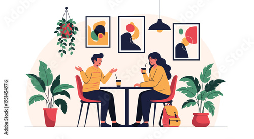 Young man and woman enjoy a conversation while drinking coffee in a stylish modern cafe with abstract wall art.