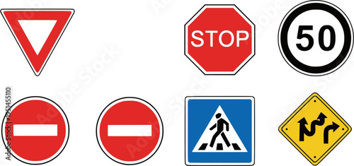 Black and white traffic signs collection: yield, stop, speed limit, no entry, pedestrian, curvy road
