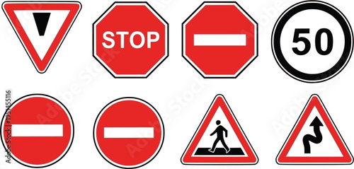 Black and white traffic signs collection: yield, stop, speed limit, no entry, pedestrian, curvy road
