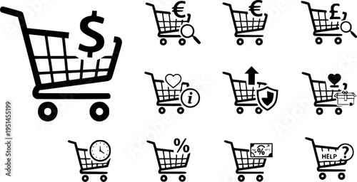 Set of shopping cart icons with different symbols for e-commerce

