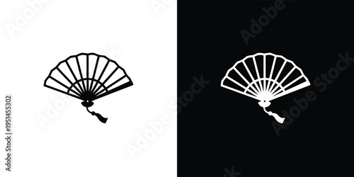 Black and white hand fan silhouettes on split color background