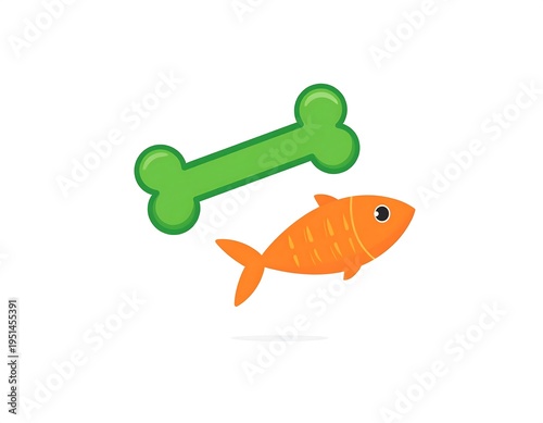 Green bone and orange fish illustration on a white background with a soft shadow beneath the food items