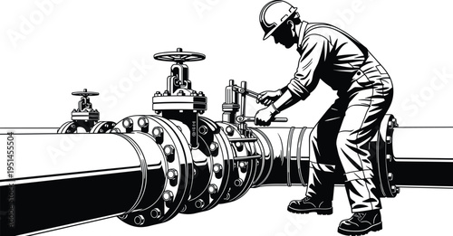 Black and white vector illustration of a professional industrial plumber wearing a hard hat while repairing large metal pipeline valves with a wrench tool.