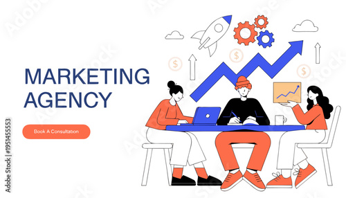 Marketing Agency Team Working on Business Growth Strategy Illustration.eps