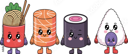 Japanese food cartoon illustration, sushi vector, ramen clipart, onigiri design, kawaii motif, cute icon, playful symbol, character graphic, concept art