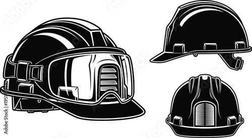 Black and white vector illustration set of industrial safety hard hat with protective goggles from front side and perspective views for construction site safety