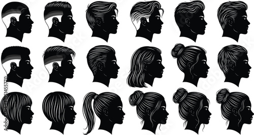 Black silhouette vector icons of diverse male and female hairstyles featuring undercut fades, long hair, ponytails, buns, and bobs for barber shop and salon.